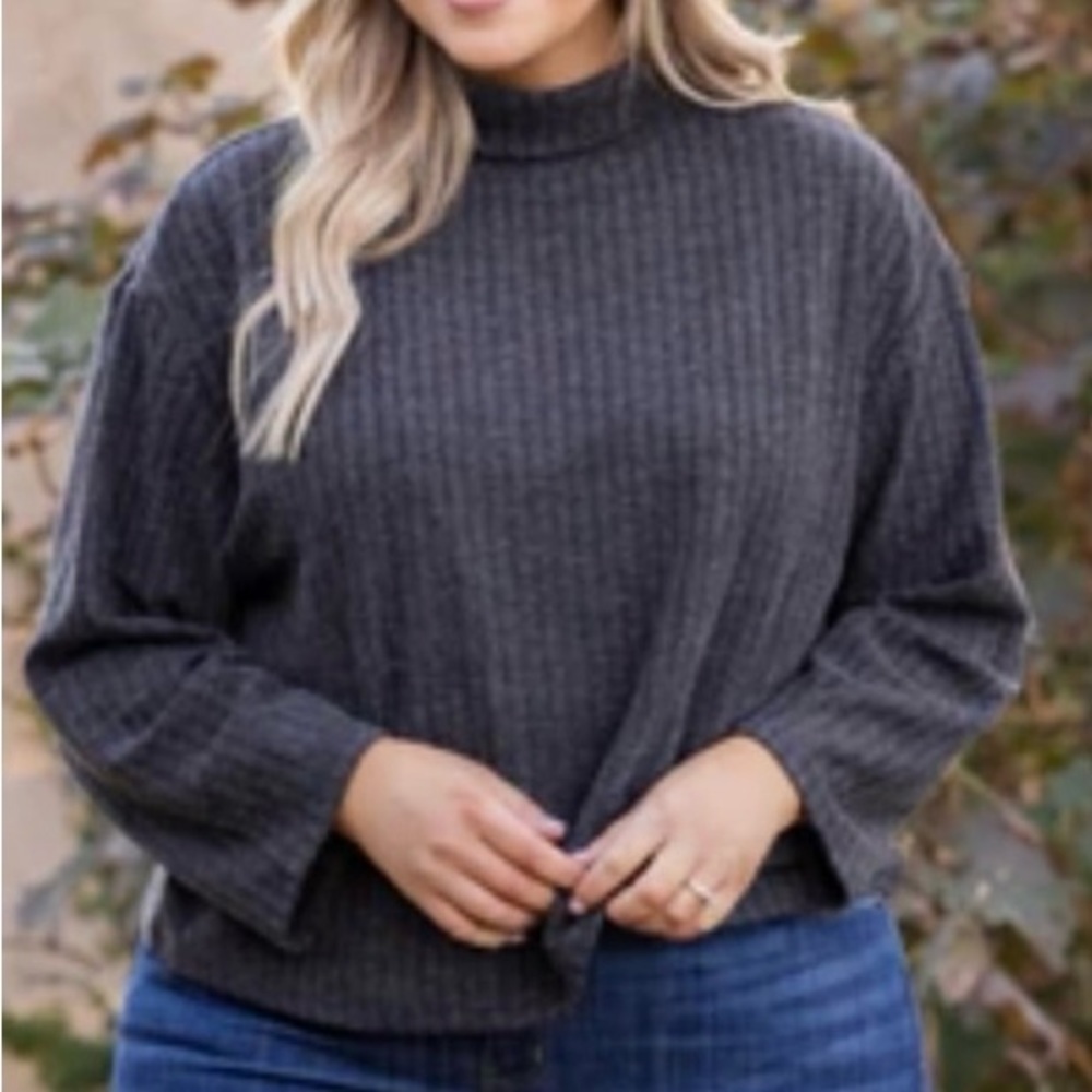Chic Soul Grey Mock Neck Slightly Cropped Ribbed Long Sleeve Sweater SKU0067